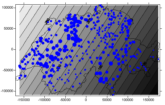 Beispiel einer globalen Interpolation – Lineare Trendoberfläche für Schweizer Niederschlagsdaten (GITTA 2005)