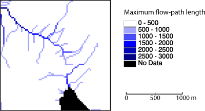 Maximaler Fließweg in Meter zu jedem flussaufwärts vorhandenen Pixel. (Swisstopo 1991)